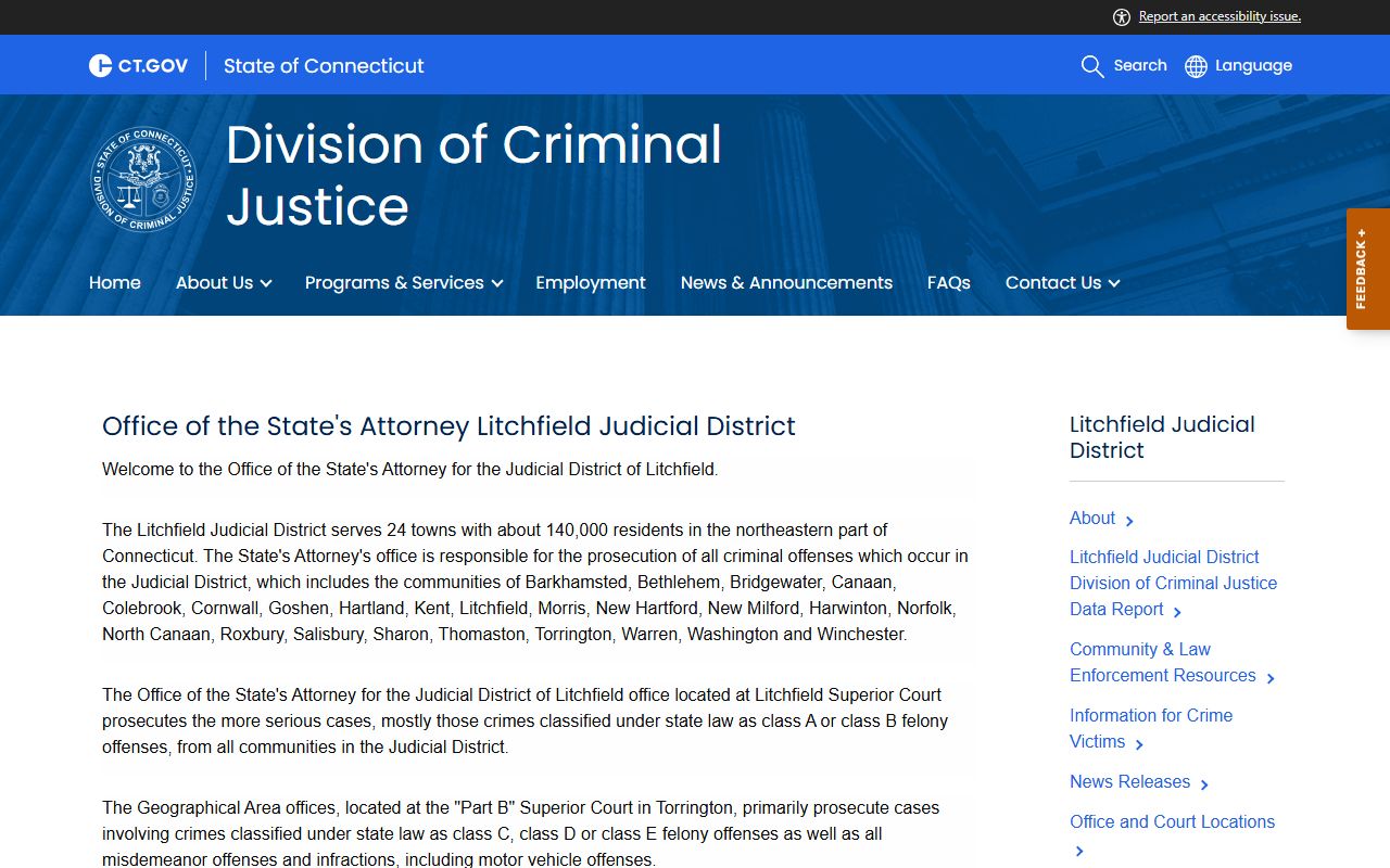 Litchfield County State's Attorney page used for court records after an arrest