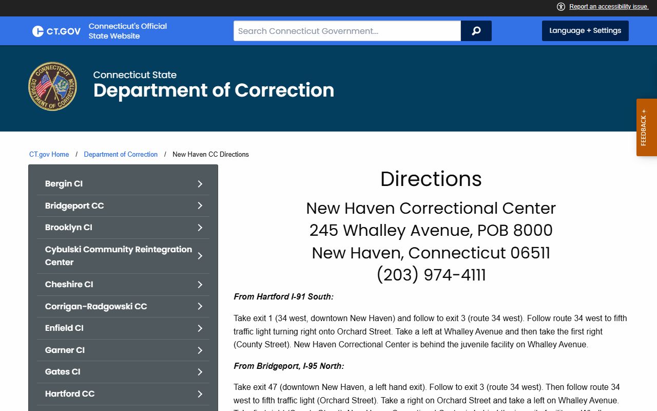 Official New Haven Correctional Center directions page for inmate visits