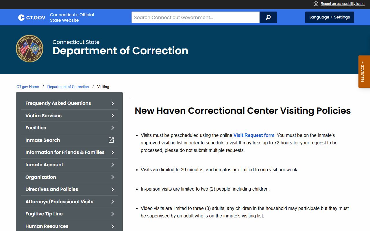 New Haven Correctional Center inmate visitation policy page from CT DOC