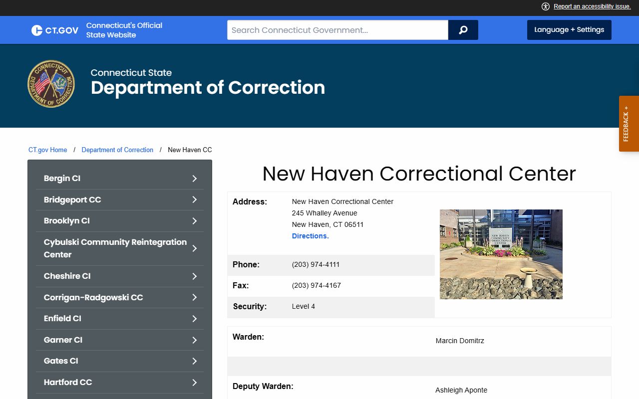 New Haven Correctional Center inmate facility page from the Connecticut Department of Correction