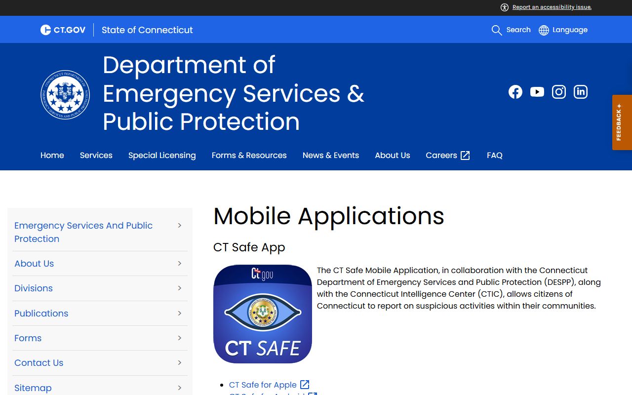 DESPP mobile applications page confirming no Litchfield County inmate roster app exists