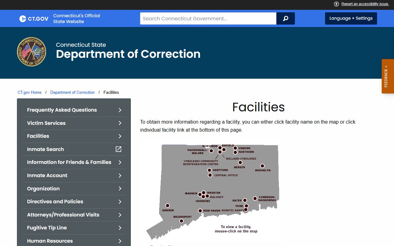 CT DOC facilities index page covering New Haven Correctional Center for Litchfield County inmate custody