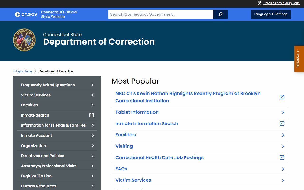 CT DOC home page used for Litchfield County inmate population and custody records