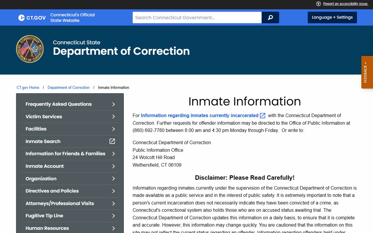 Connecticut DOC inmate information page used for Litchfield County inmate records and custody search