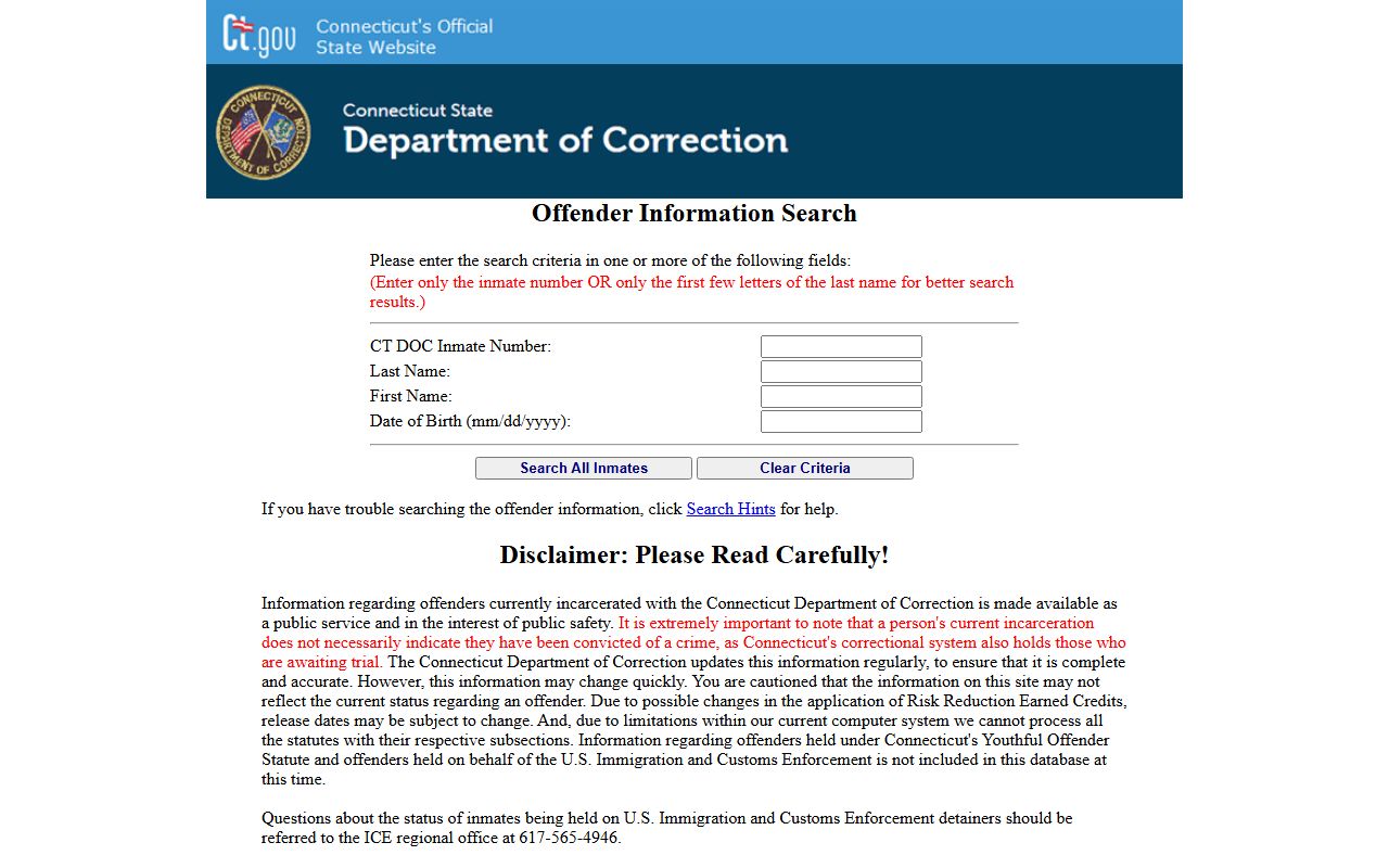 CT DOC inmate search page used to look up the Litchfield County inmate population