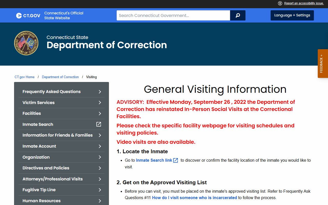 CT DOC visiting page outlining rules for visiting a Litchfield County inmate held in state custody