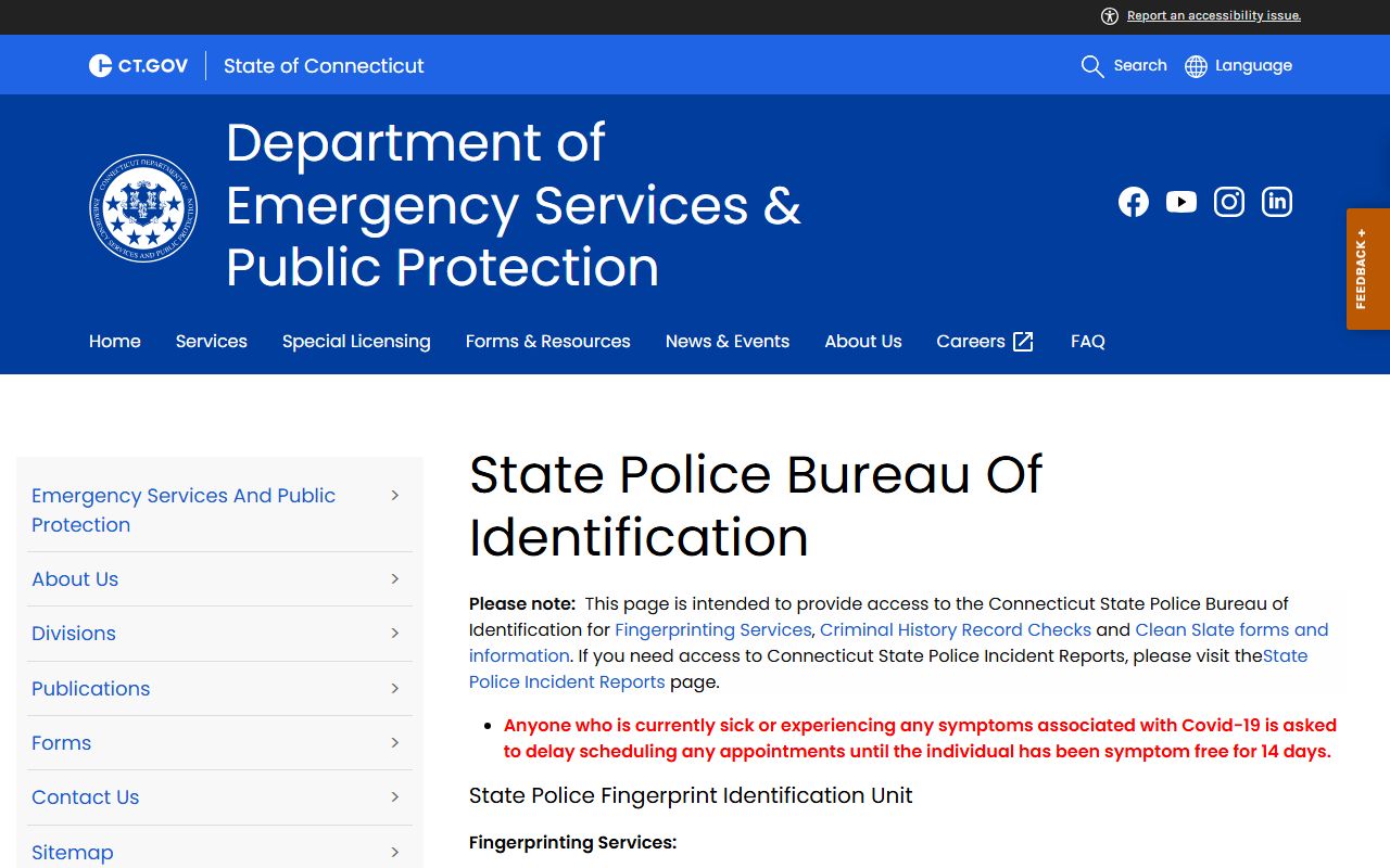 Connecticut DESPP State Police Bureau of Identification page used for Litchfield County booking records and criminal-history requests