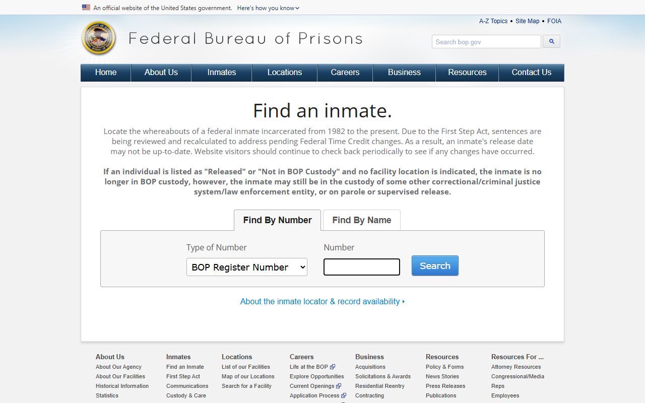 Federal BOP inmate locator used when a Litchfield County inmate is in federal custody